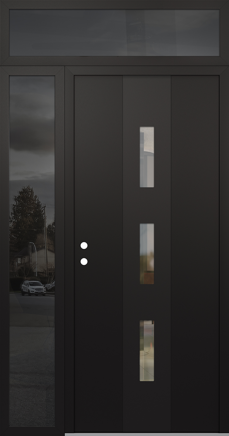 Modern Steel Front Door DIAMOND A7 52" X 96" BLACK/BLACK CLEAR GLASS PANEL BLACK RHI WITH SIDELITE AND TRANSOM FROSTED GLASS