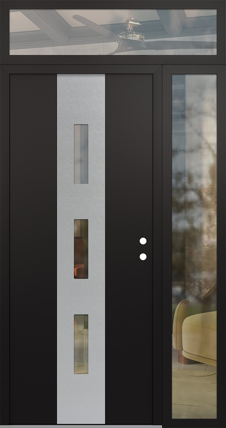 MODERN STEEL FRONT DOOR DIAMOND A7 52" X 96" BLACK/BLACK CLEAR GLASS PANEL STAINLESS STEEL LHI WITH SIDELITE AND TRANSOM CLEAR GLASS