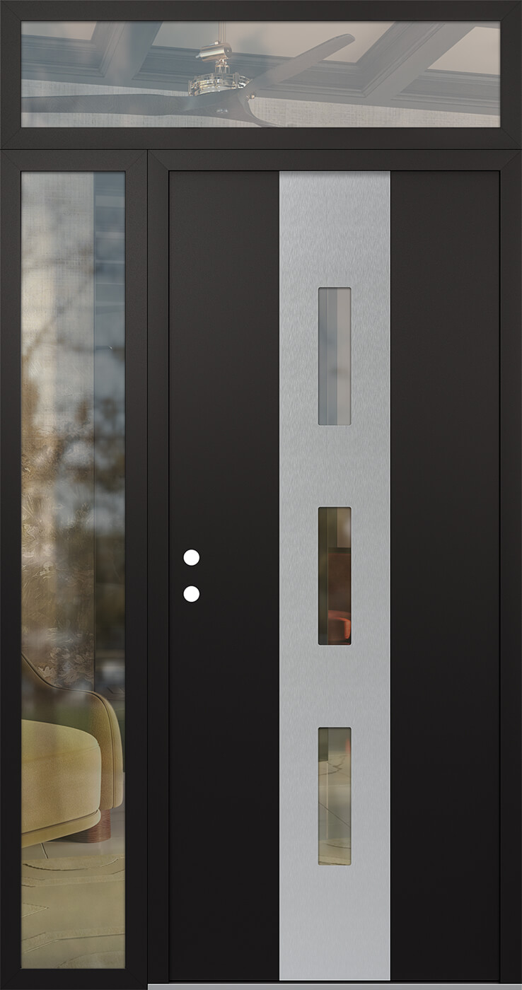 MODERN STEEL FRONT DOOR DIAMOND A7 52" X 96" BLACK/BLACK CLEAR GLASS PANEL STAINLESS STEEL RHI WITH SIDELITE AND TRANSOM CLEAR GLASS