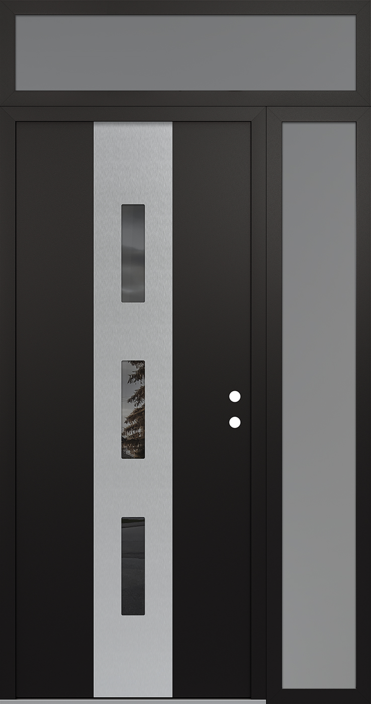 MODERN STEEL FRONT DOOR DIAMOND A7 52" X 96" BLACK/BLACK MIRRORED GLASS PANEL STAINLESS STEEL LHI WITH SIDELITE AND TRANSOM FROSTED GLASS