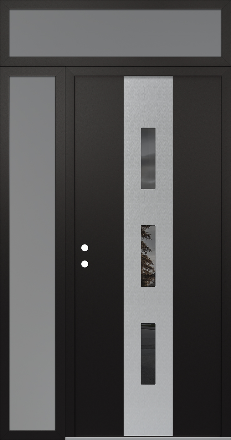 MODERN STEEL FRONT DOOR DIAMOND A7 52" X 96" BLACK/BLACK MIRRORED GLASS PANEL STAINLESS STEEL RHI WITH SIDELITE AND TRANSOM FROSTED GLASS