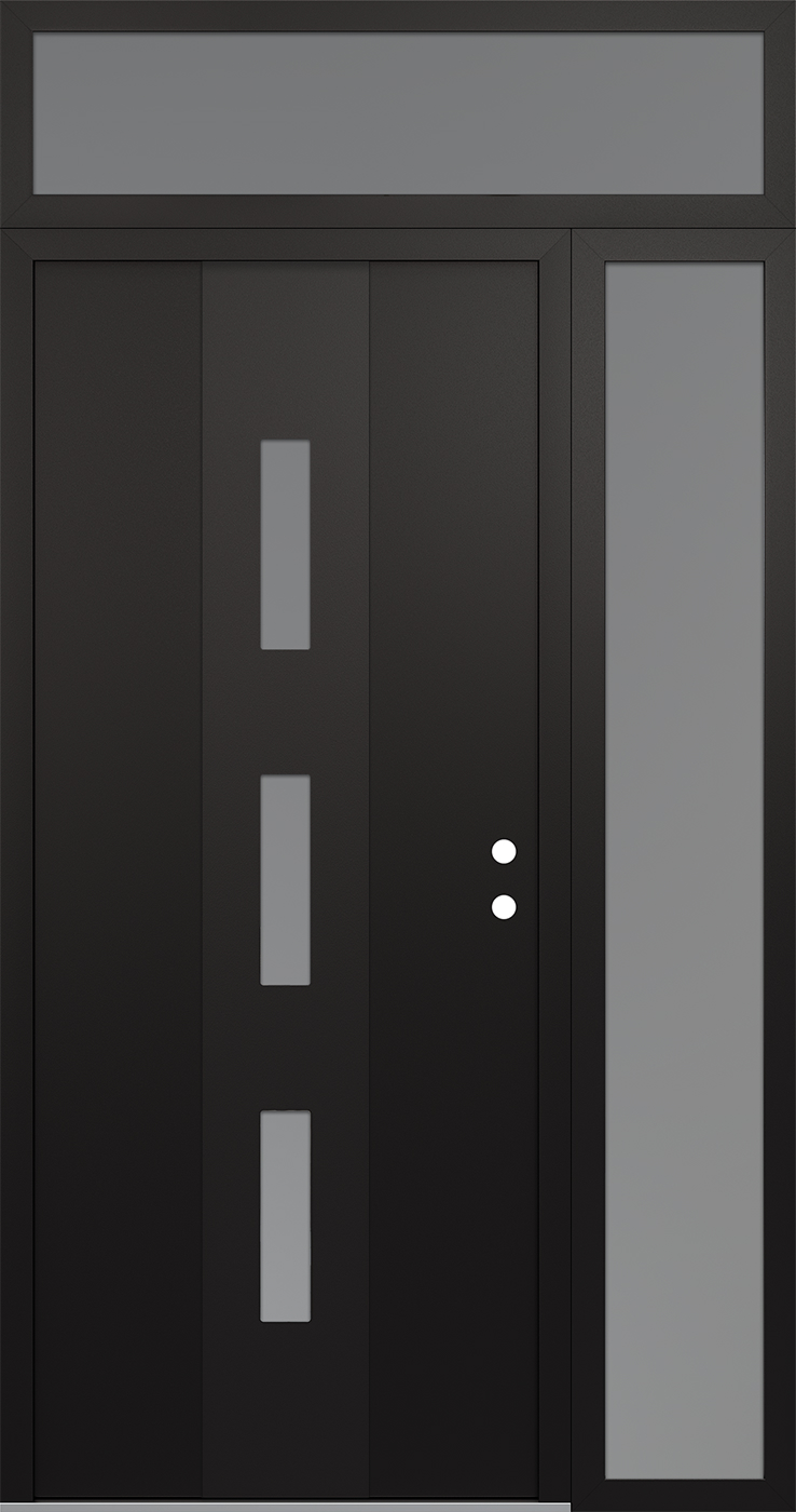 MODERN STEEL FRONT DOOR DIAMOND A7 52" X 96" BLACK/WHITE FROSTED GLASS PANEL BLACK LHI WITH SIDELITE AND TRANSOM FROSTED GLASS