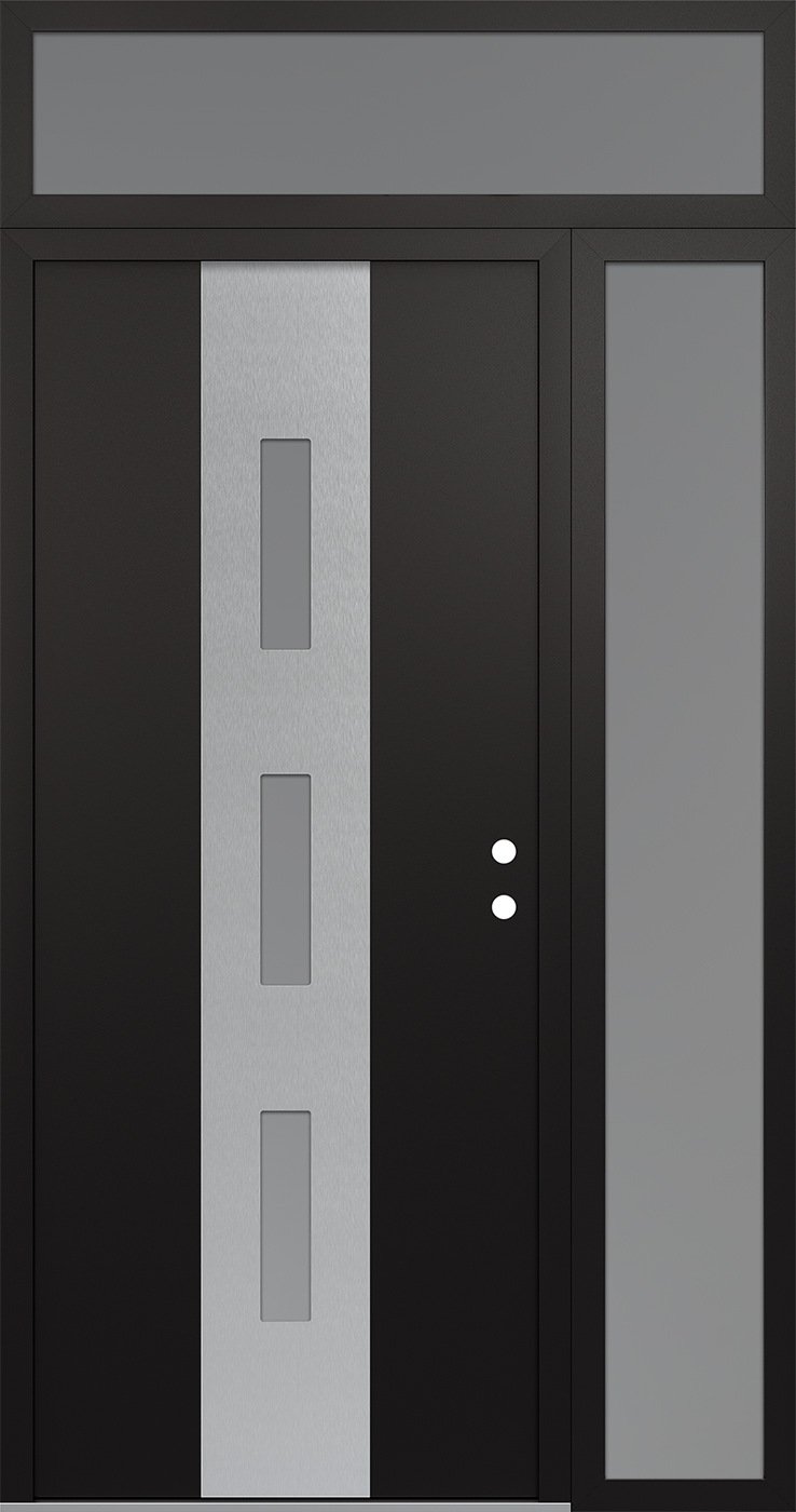 MODERN STEEL FRONT DOOR DIAMOND A7 52" X 96" BLACK/WHITE FROSTED GLASS PANEL STAINLESS STEEL LHI WITH SIDELITE AND TRANSOM CLEAR GLASS