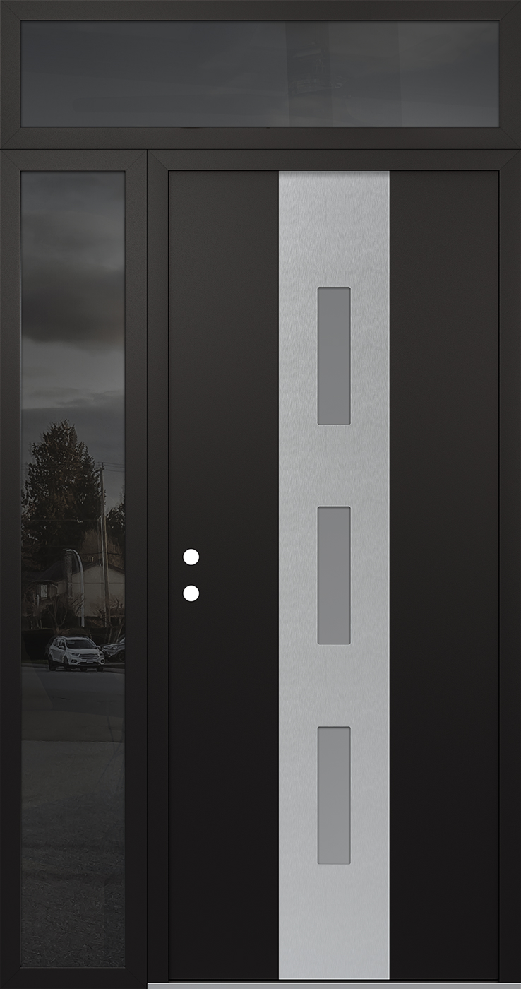 MODERN STEEL FRONT DOOR DIAMOND A7 52" X 96" BLACK/WHITE FROSTED GLASS PANEL STAINLESS STEEL RHI WITH SIDELITE AND TRANSOM CLEAR GLASS