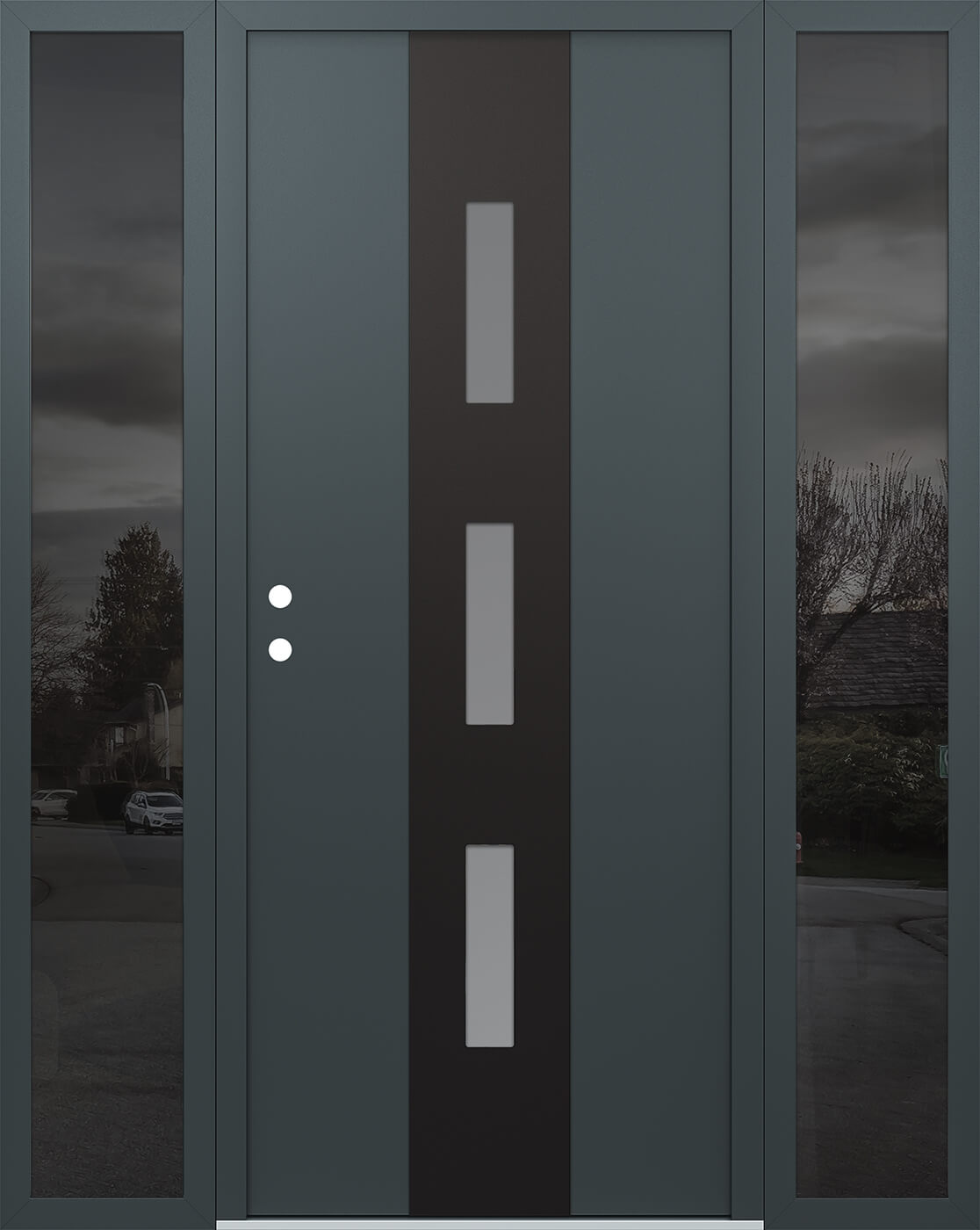 Modern Steel Front Door DIAMOND A7 60" X 80" ANTHRACITE/ANTHRACITE FROSTED GLASS PANEL BLACK RHI WITH 2 SIDELITES CLEAR GLASS