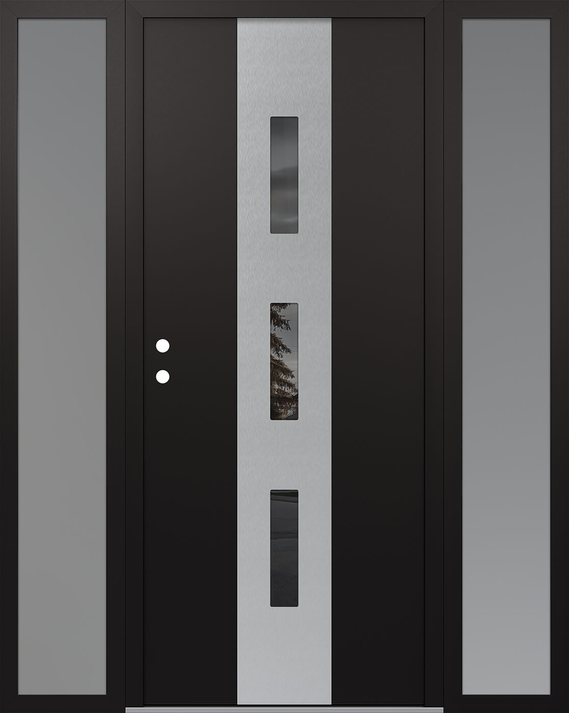 MODERN STEEL FRONT DOOR DIAMOND A7 60" X 80" BLACK/BLACK MIRRORED GLASS PANEL STAINLESS STEEL RHI WITH 2 SIDELITES FROSTED GLASS