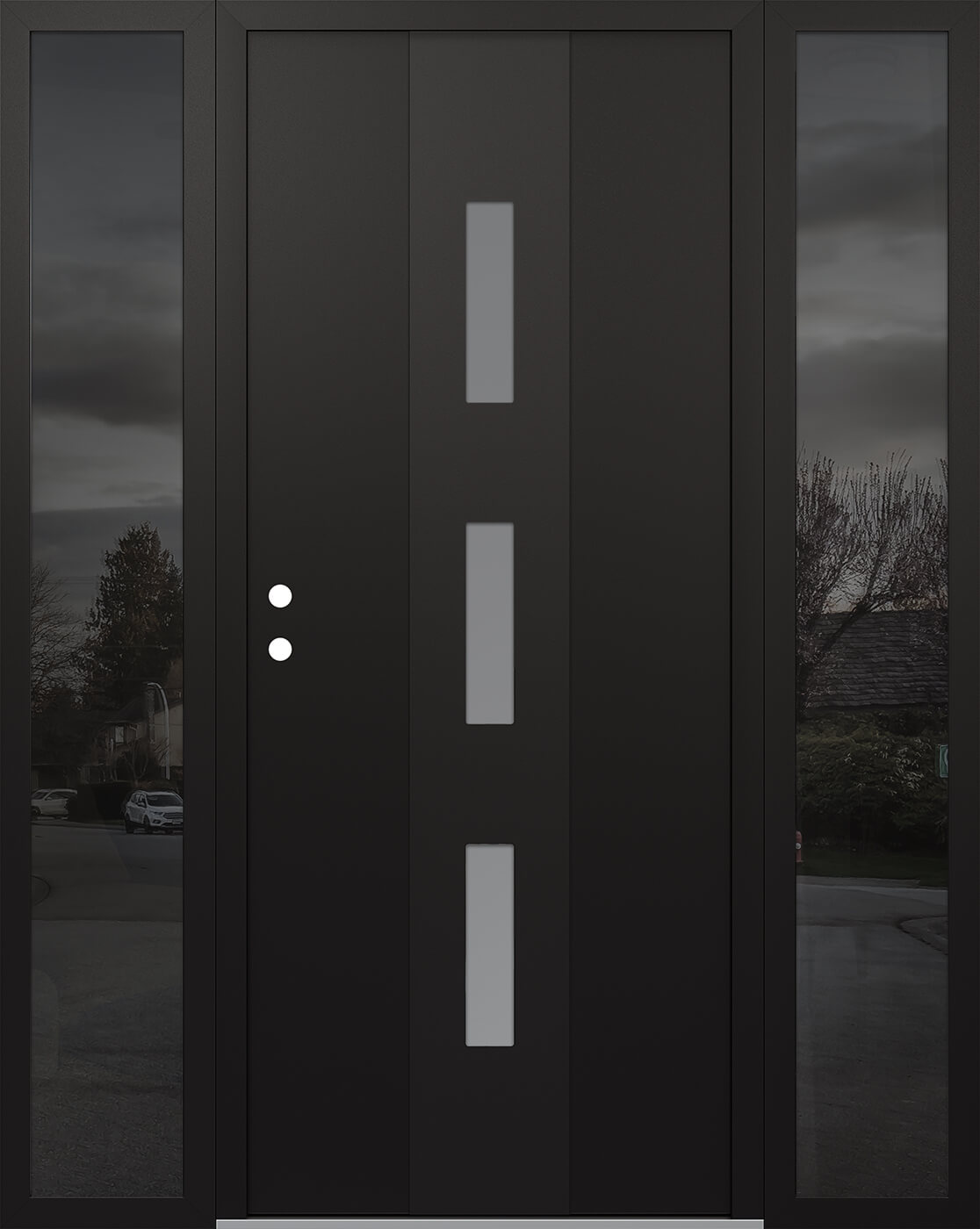 MODERN STEEL FRONT DOOR DIAMOND A7 60" X 80" BLACK/WHITE FROSTED GLASS PANEL BLACK RHI WITH 2 SIDELITES FROSTED GLASS