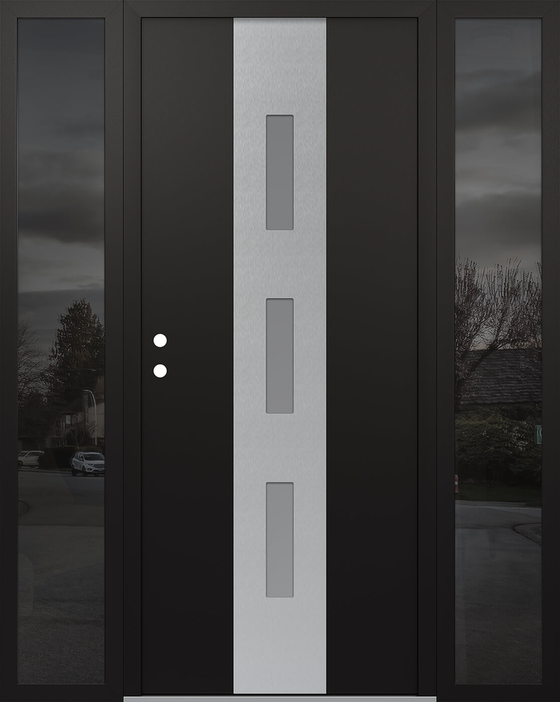 MODERN STEEL FRONT DOOR DIAMOND A7 60" X 80" BLACK/WHITE FROSTED GLASS PANEL STAINLESS STEEL RHI WITH 2 SIDELITES FROSTED GLASS