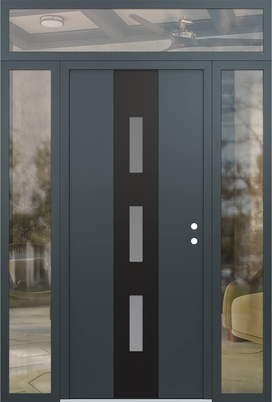 Modern Steel Front Door DIAMOND A7 60" X 96" ANTHRACITE/ANTHRACITE FROSTED GLASS PANEL BLACK LHI WITH 2 SIDELITES AND TRANSOM FROSTED GLASS