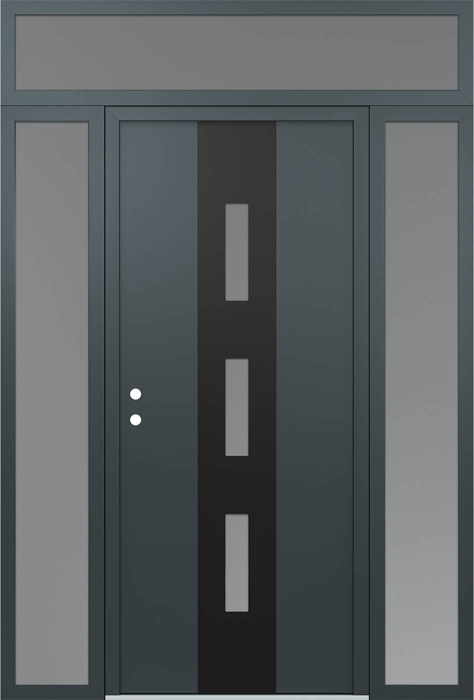 Modern Steel Front Door DIAMOND A7 60" X 96" ANTHRACITE/ANTHRACITE FROSTED GLASS PANEL BLACK RHI WITH 2 SIDELITES AND TRANSOM MIRRORED GLASS