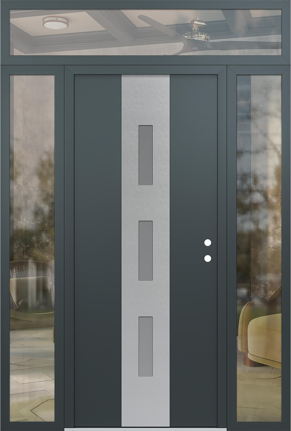 Modern Steel Front Door DIAMOND A7 60" X 96" ANTHRACITE/ANTHRACITE FROSTED GLASS PANEL STAINLESS STEEL LHI WITH 2 SIDELITES AND TRANSOM CLEAR GLASS