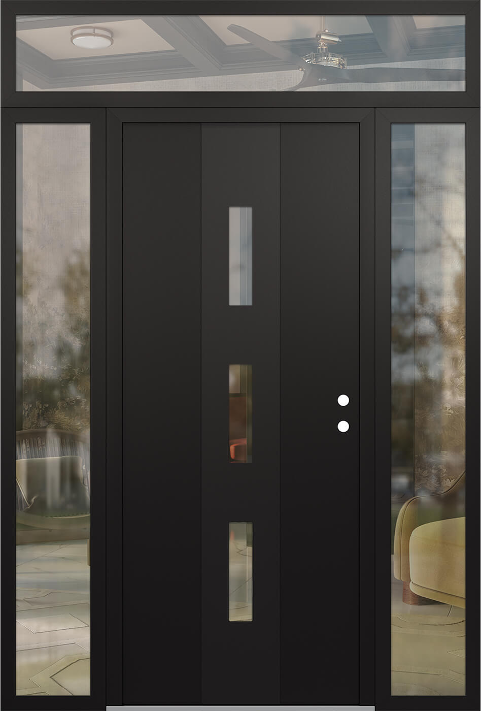 Modern Steel Front Door DIAMOND A7 60" X 96" BLACK/BLACK CLEAR GLASS PANEL BLACK LHI WITH 2 SIDELITES AND TRANSOM FROSTED GLASS