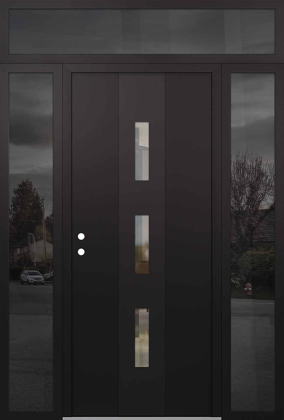 Modern Steel Front Door DIAMOND A7 60" X 96" BLACK/BLACK CLEAR GLASS PANEL BLACK RHI WITH 2 SIDELITES AND TRANSOM CLEAR GLASS