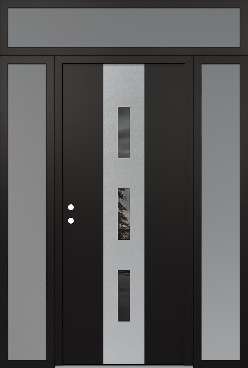 MODERN STEEL FRONT DOOR DIAMOND A7 60" X 96" BLACK/BLACK MIRRORED GLASS PANEL STAINLESS STEEL RHI WITH 2 SIDELITES AND TRANSOM CLEAR GLASS