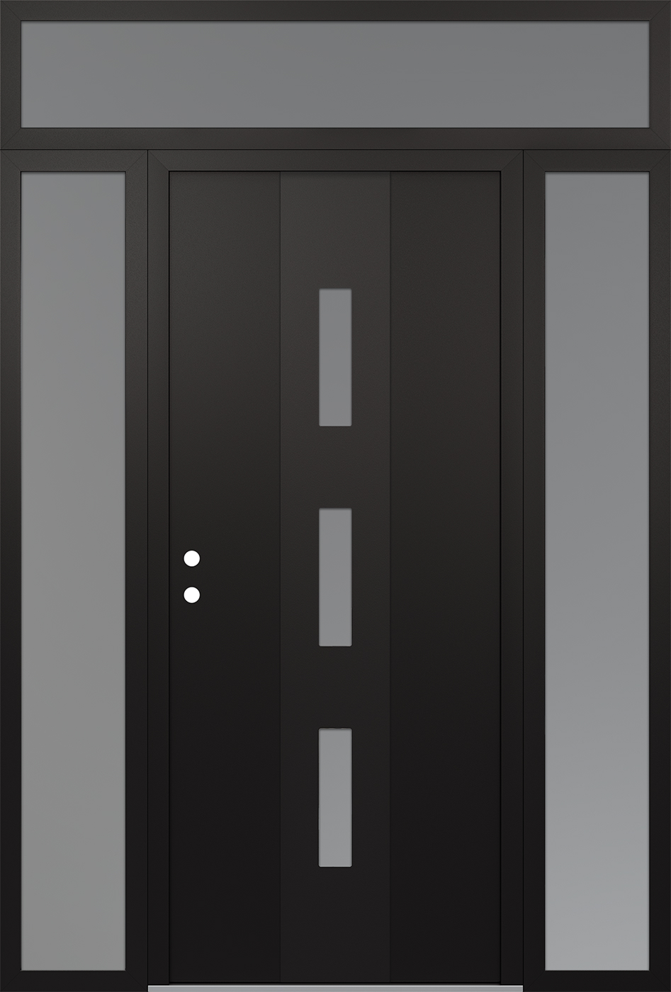 MODERN STEEL FRONT DOOR DIAMOND A7 60" X 96" BLACK/WHITE FROSTED GLASS PANEL BLACK RHI WITH 2 SIDELITES AND TRANSOM MIRRORED GLASS
