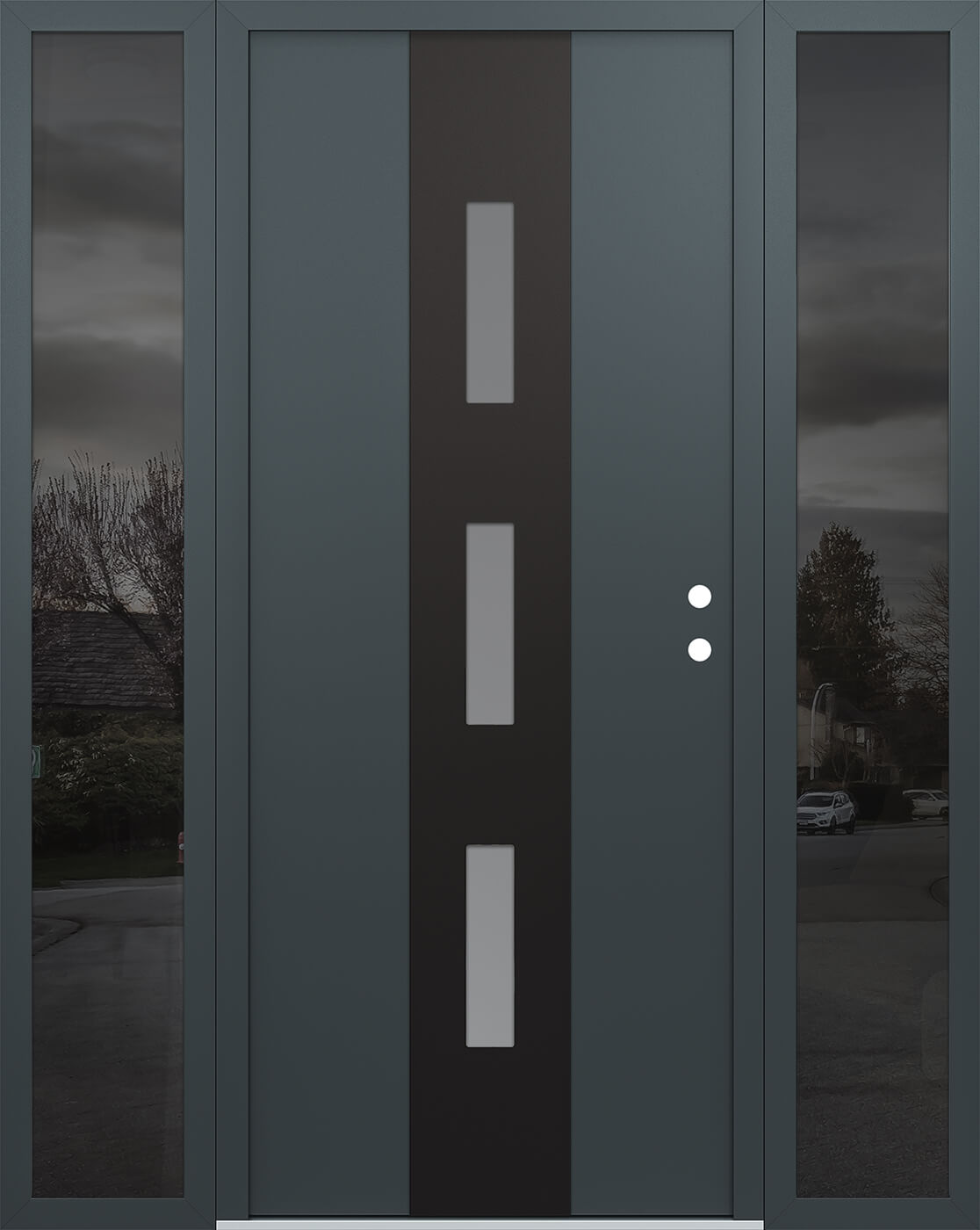 Modern Steel Front Door DIAMOND A7 64" X 80" ANTHRACITE/ANTHRACITE FROSTED GLASS PANEL BLACK LHI WITH 2 SIDELITES CLEAR GLASS