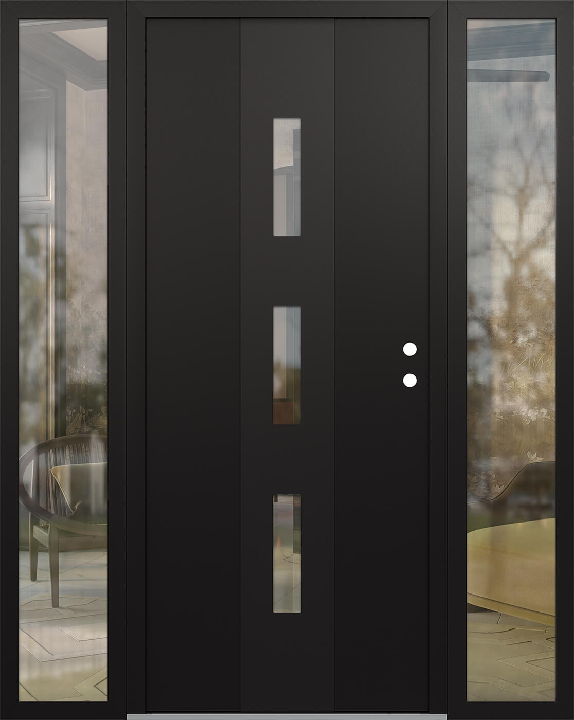 Modern Steel Front Door DIAMOND A7 64" X 80" BLACK/BLACK CLEAR GLASS PANEL BLACK LHI WITH 2 SIDELITES FROSTED GLASS