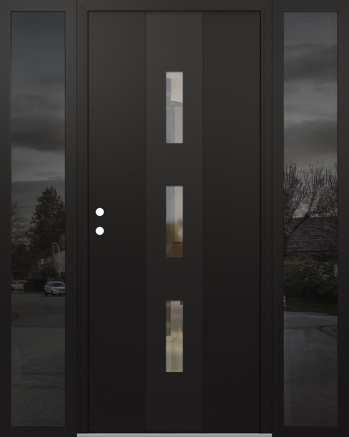 Modern Steel Front Door DIAMOND A7 64" X 80" BLACK/BLACK CLEAR GLASS PANEL BLACK RHI WITH 2 SIDELITES CLEAR GLASS
