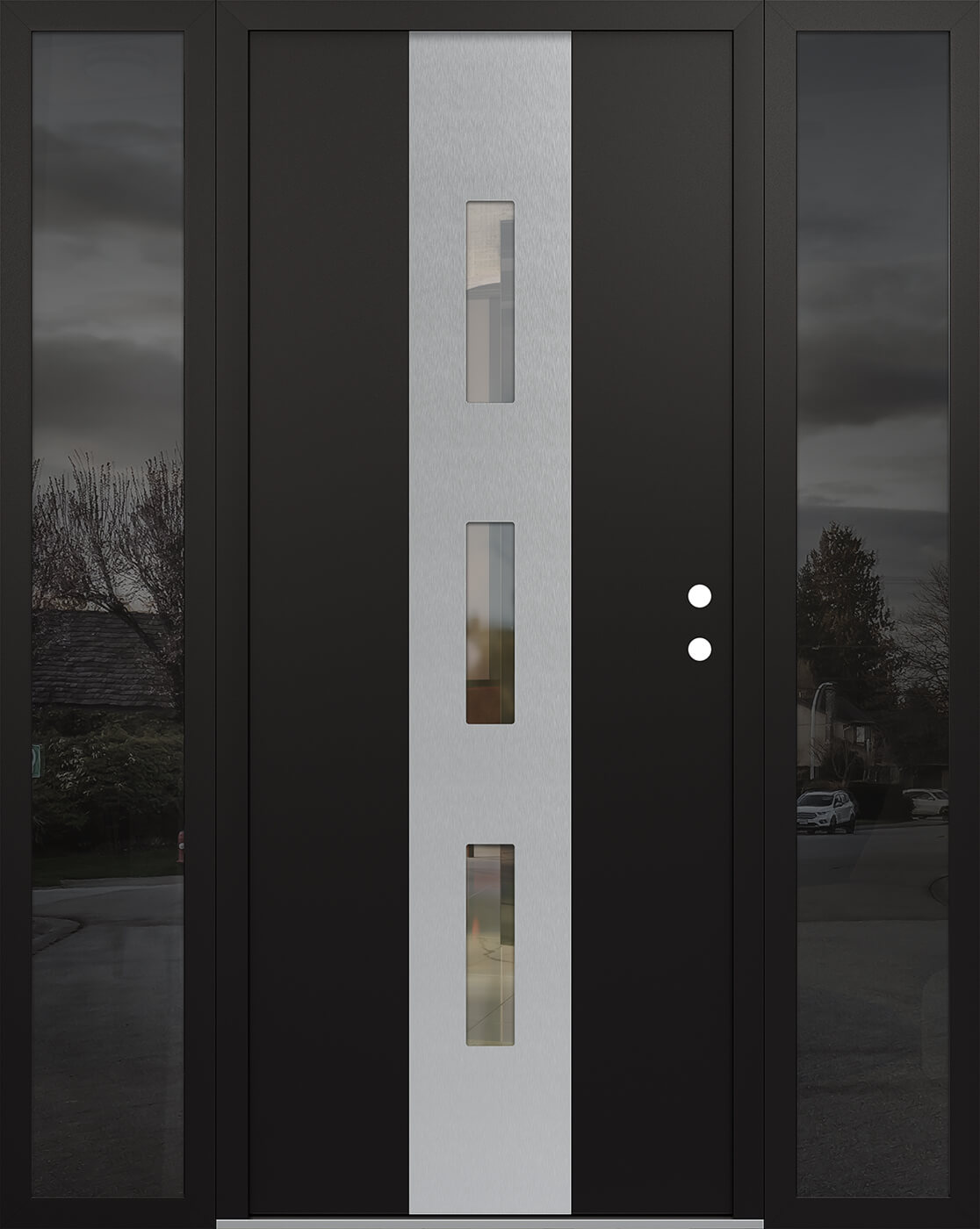 MODERN STEEL FRONT DOOR DIAMOND A7 64" X 80" BLACK/BLACK CLEAR GLASS PANEL STAINLESS STEEL LHI WITH 2 SIDELITES FROSTED GLASS