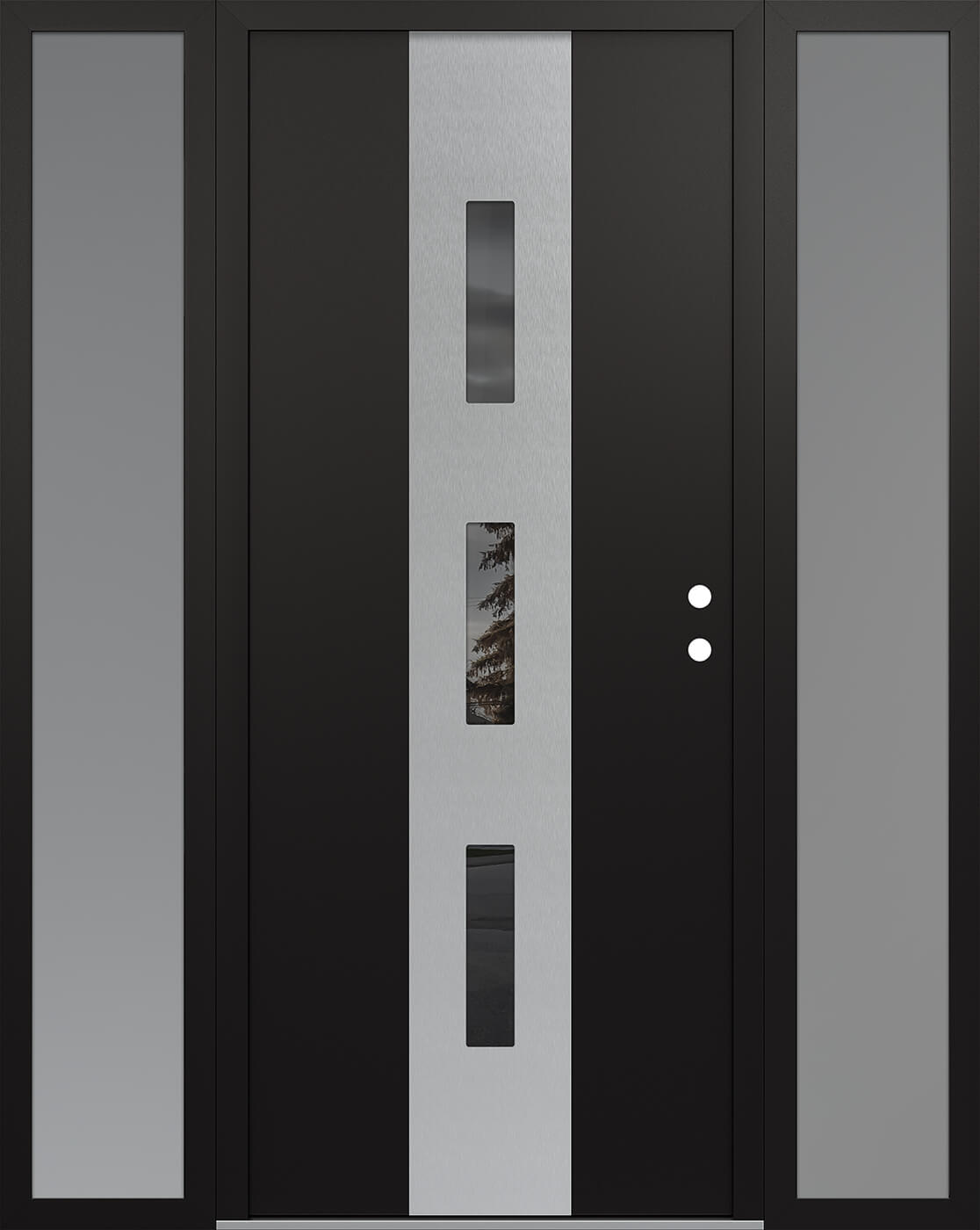 MODERN STEEL FRONT DOOR DIAMOND A7 64" X 80" BLACK/BLACK MIRRORED GLASS PANEL STAINLESS STEEL LHI WITH 2 SIDELITES FROSTED GLASS