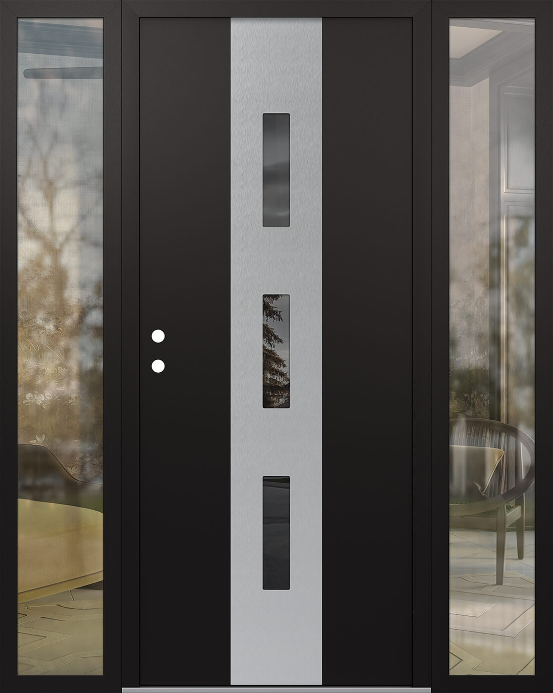 MODERN STEEL FRONT DOOR DIAMOND A7 64" X 80" BLACK/BLACK MIRRORED GLASS PANEL STAINLESS STEEL RHI WITH 2 SIDELITES CLEAR GLASS