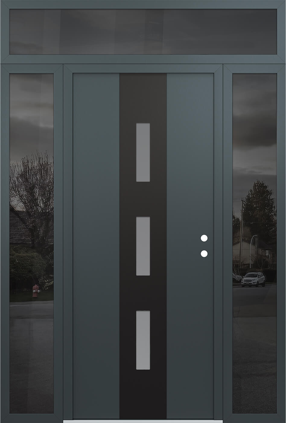 Modern Steel Front Door DIAMOND A7 64" X 96" ANTHRACITE/ANTHRACITE FROSTED GLASS PANEL BLACK LHI WITH 2 SIDELITES AND TRANSOM CLEAR GLASS