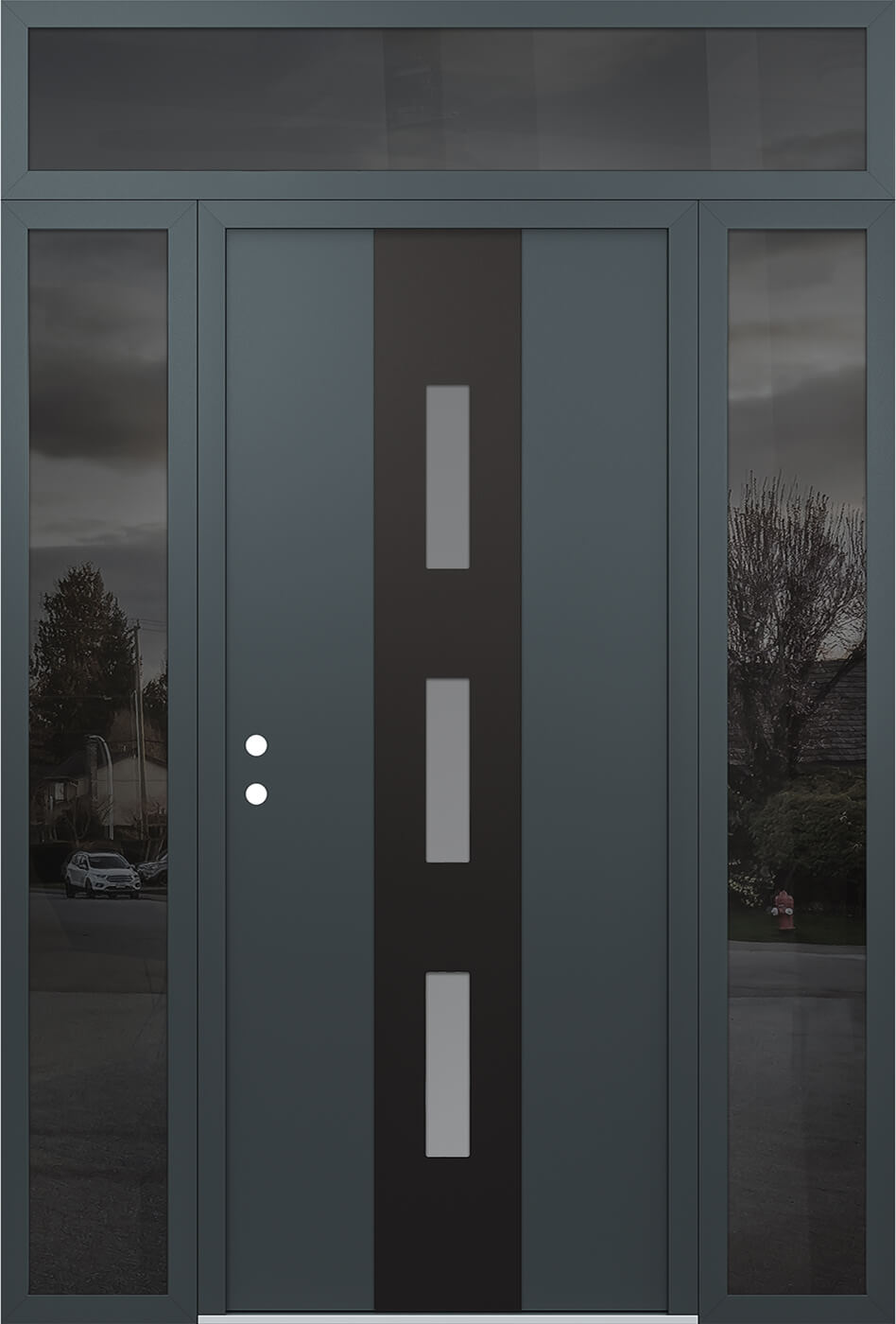 Modern Steel Front Door DIAMOND A7 64" X 96" ANTHRACITE/ANTHRACITE FROSTED GLASS PANEL BLACK RHI WITH 2 SIDELITES AND TRANSOM CLEAR GLASS