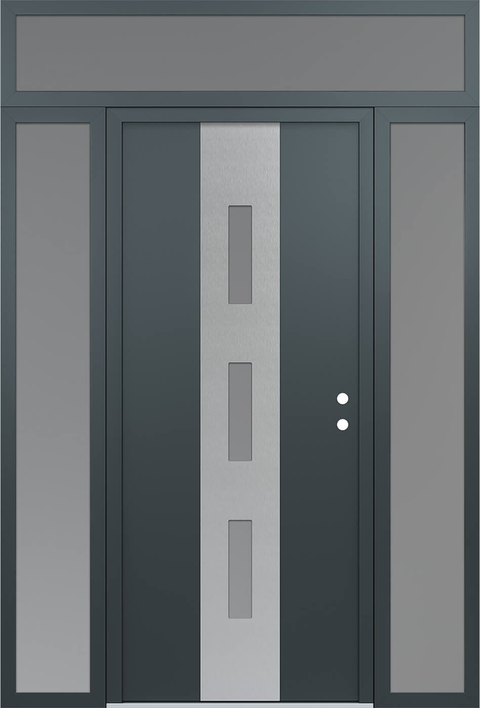 Modern Steel Front Door DIAMOND A7 64" X 96" ANTHRACITE/ANTHRACITE FROSTED GLASS PANEL STAINLESS STEEL LHI WITH 2 SIDELITES AND TRANSOM CLEAR GLASS