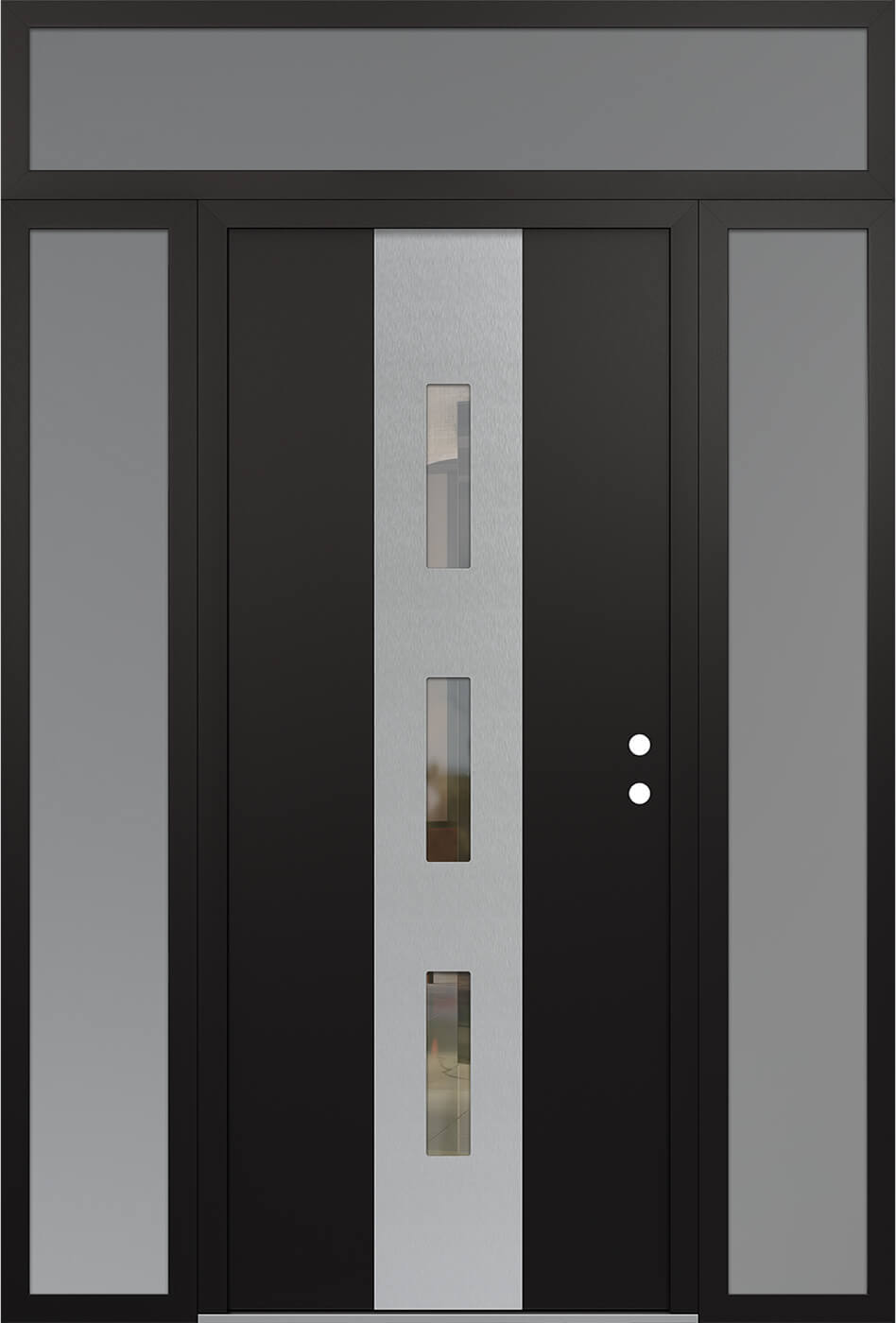MODERN STEEL FRONT DOOR DIAMOND A7 64" X 96" BLACK/BLACK CLEAR GLASS PANEL STAINLESS STEEL LHI WITH 2 SIDELITES AND TRANSOM MIRRORED GLASS