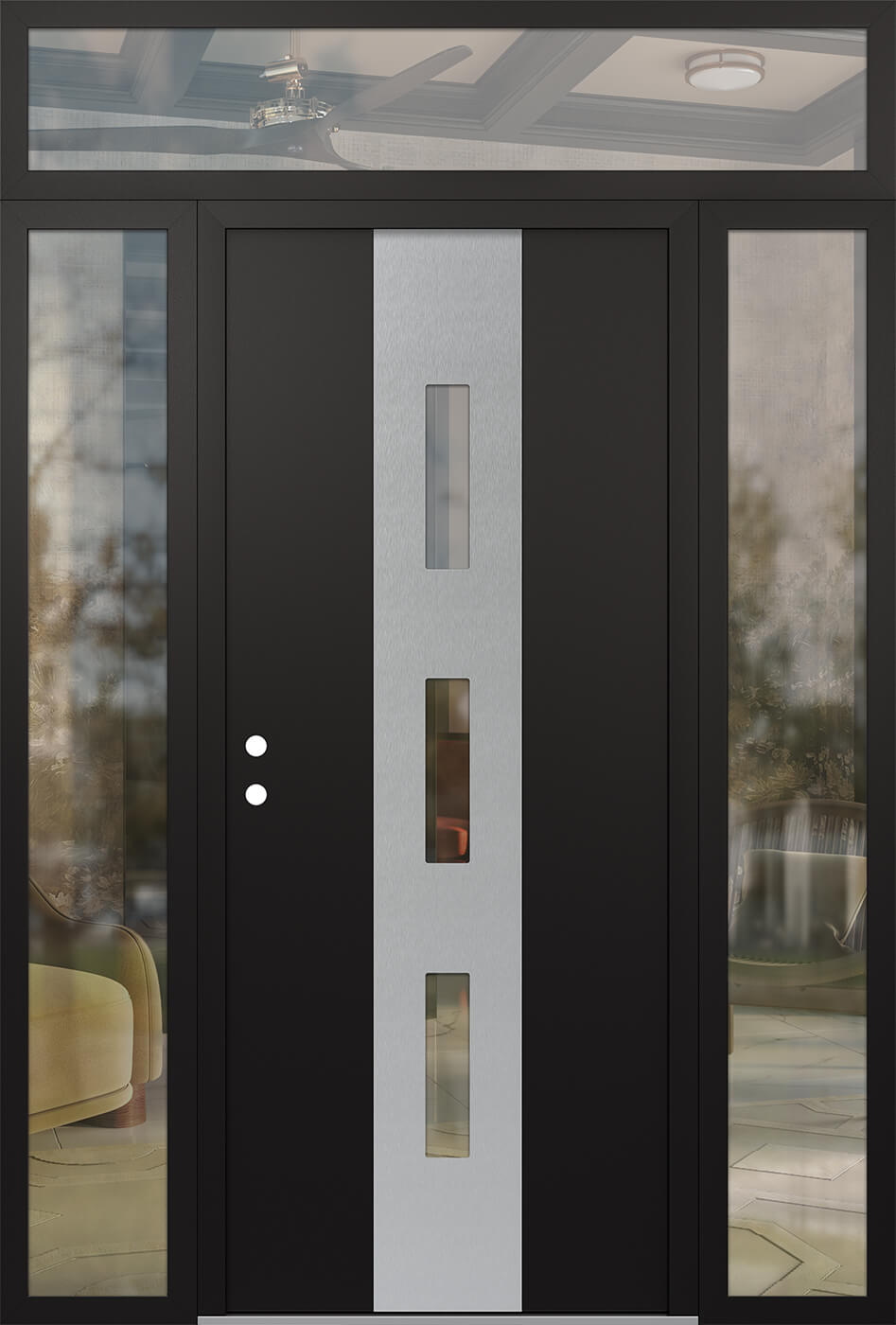 MODERN STEEL FRONT DOOR DIAMOND A7 64" X 96" BLACK/BLACK CLEAR GLASS PANEL STAINLESS STEEL RHI WITH 2 SIDELITES AND TRANSOM MIRRORED GLASS