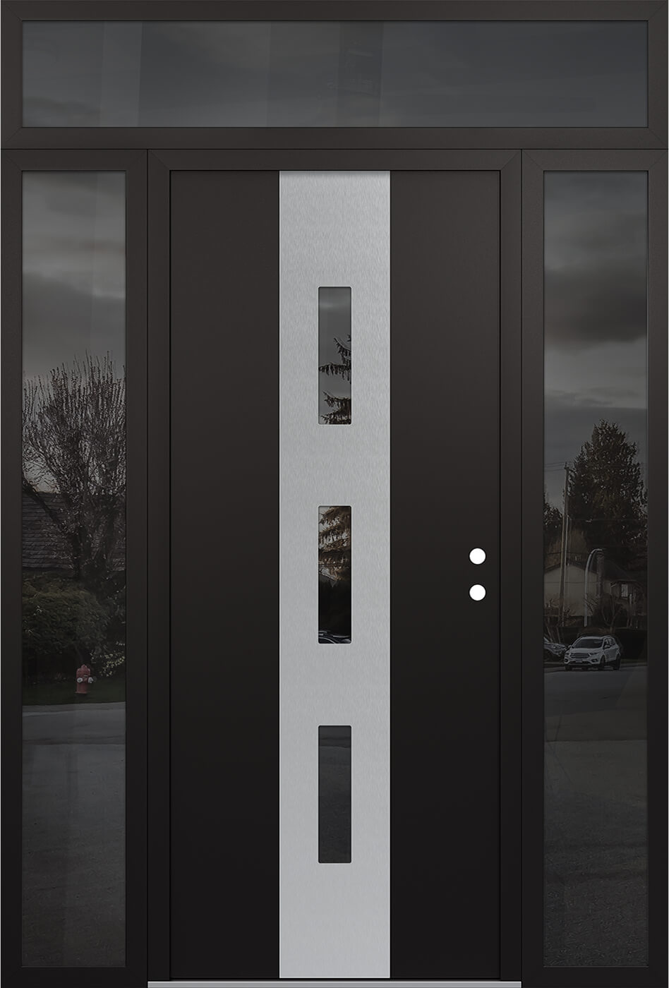 MODERN STEEL FRONT DOOR DIAMOND A7 64" X 96" BLACK/BLACK MIRRORED GLASS PANEL STAINLESS STEEL LHI WITH 2 SIDELITES AND TRANSOM MIRRORED GLASS
