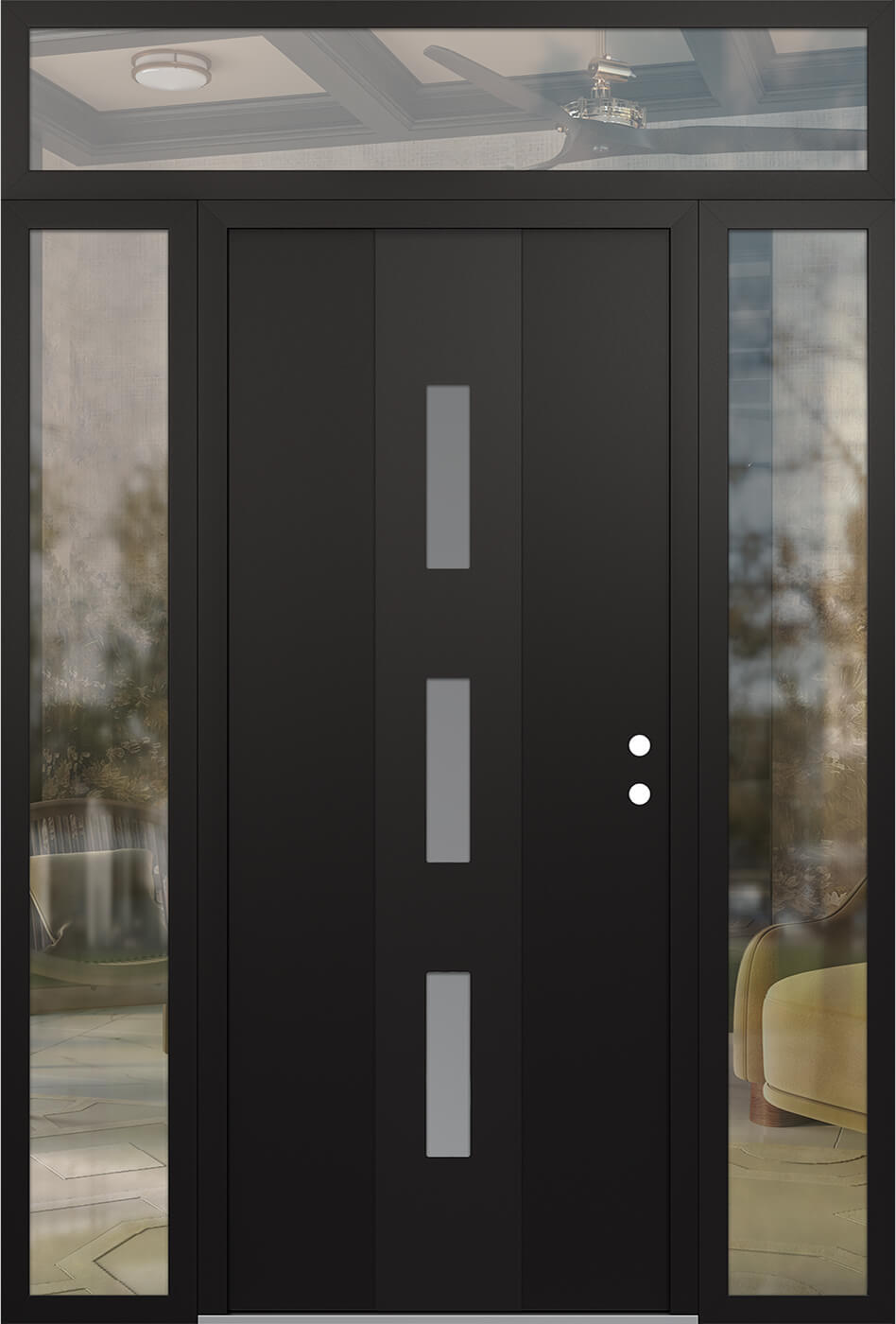 MODERN STEEL FRONT DOOR DIAMOND A7 64" X 96" BLACK/WHITE FROSTED GLASS PANEL BLACK LHI WITH 2 SIDELITES AND TRANSOM CLEAR GLASS