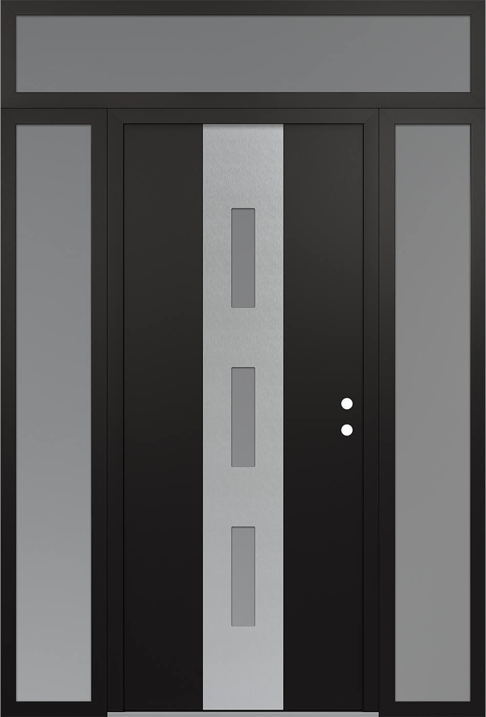 MODERN STEEL FRONT DOOR DIAMOND A7 64" X 96" BLACK/WHITE FROSTED GLASS PANEL STAINLESS STEEL LHI WITH 2 SIDELITES AND TRANSOM CLEAR GLASS