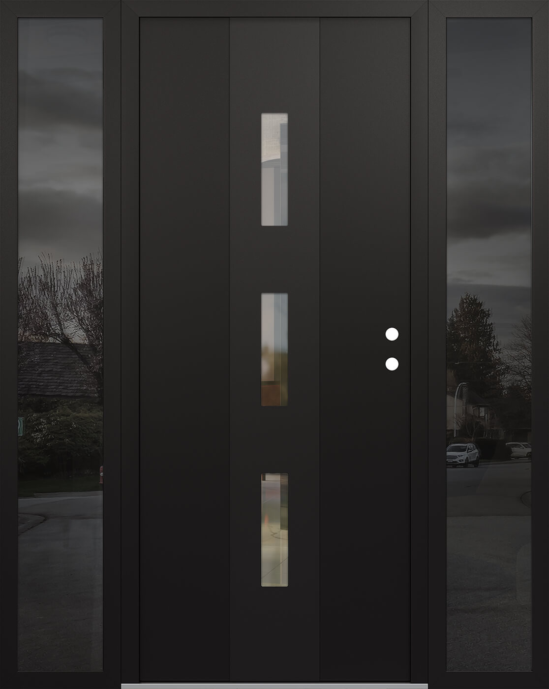 Modern Steel Front Door DIAMOND A7 68" X 80" BLACK/BLACK CLEAR GLASS PANEL BLACK LHI WITH 2 SIDELITES CLEAR GLASS