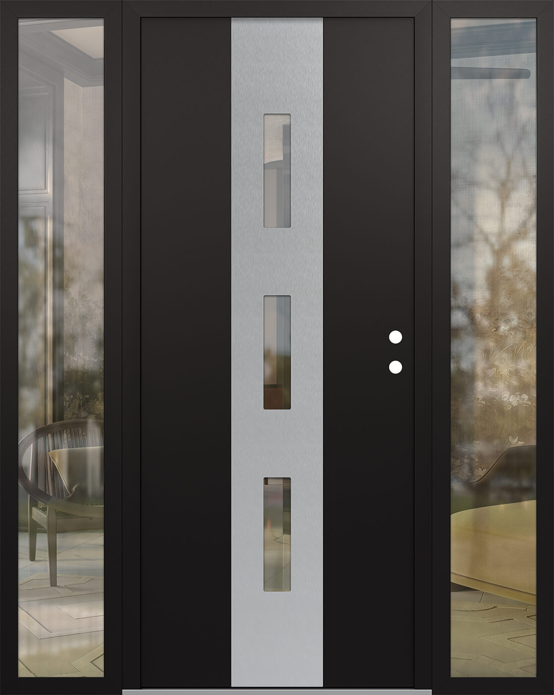 MODERN STEEL FRONT DOOR DIAMOND A7 68" X 80" BLACK/BLACK CLEAR GLASS PANEL STAINLESS STEEL LHI WITH 2 SIDELITES FROSTED GLASS
