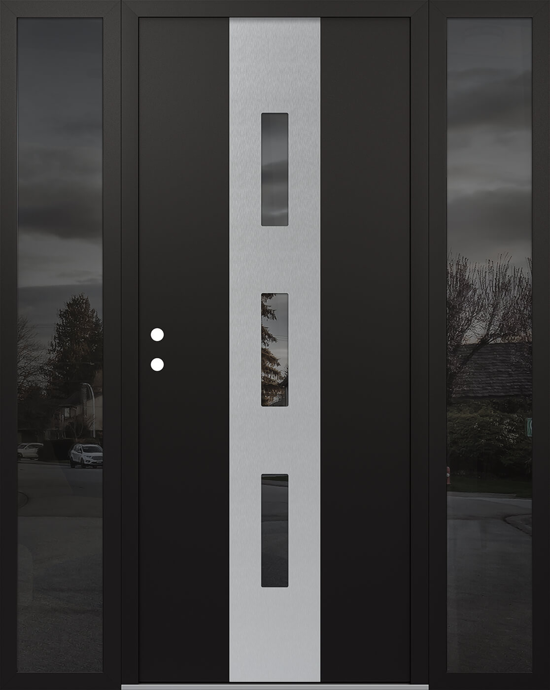 MODERN STEEL FRONT DOOR DIAMOND A7 68" X 80" BLACK/BLACK MIRRORED GLASS PANEL STAINLESS STEEL RHI WITH 2 SIDELITES CLEAR GLASS