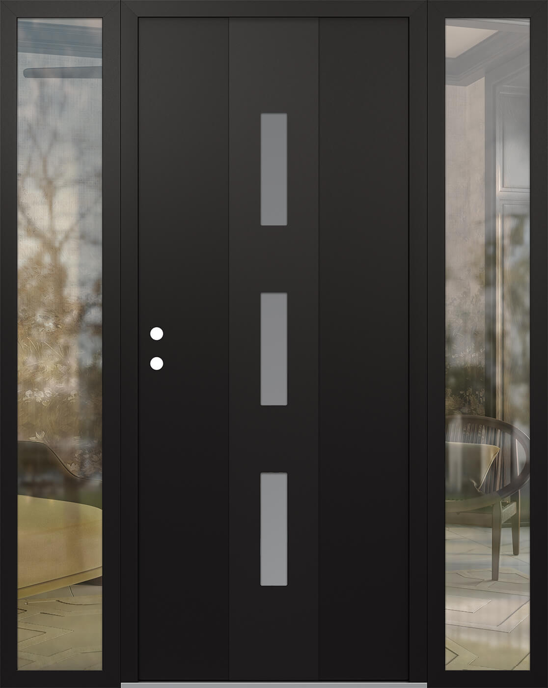 MODERN STEEL FRONT DOOR DIAMOND A7 68" X 80" BLACK/WHITE FROSTED GLASS PANEL BLACK RHI WITH 2 SIDELITES FROSTED GLASS