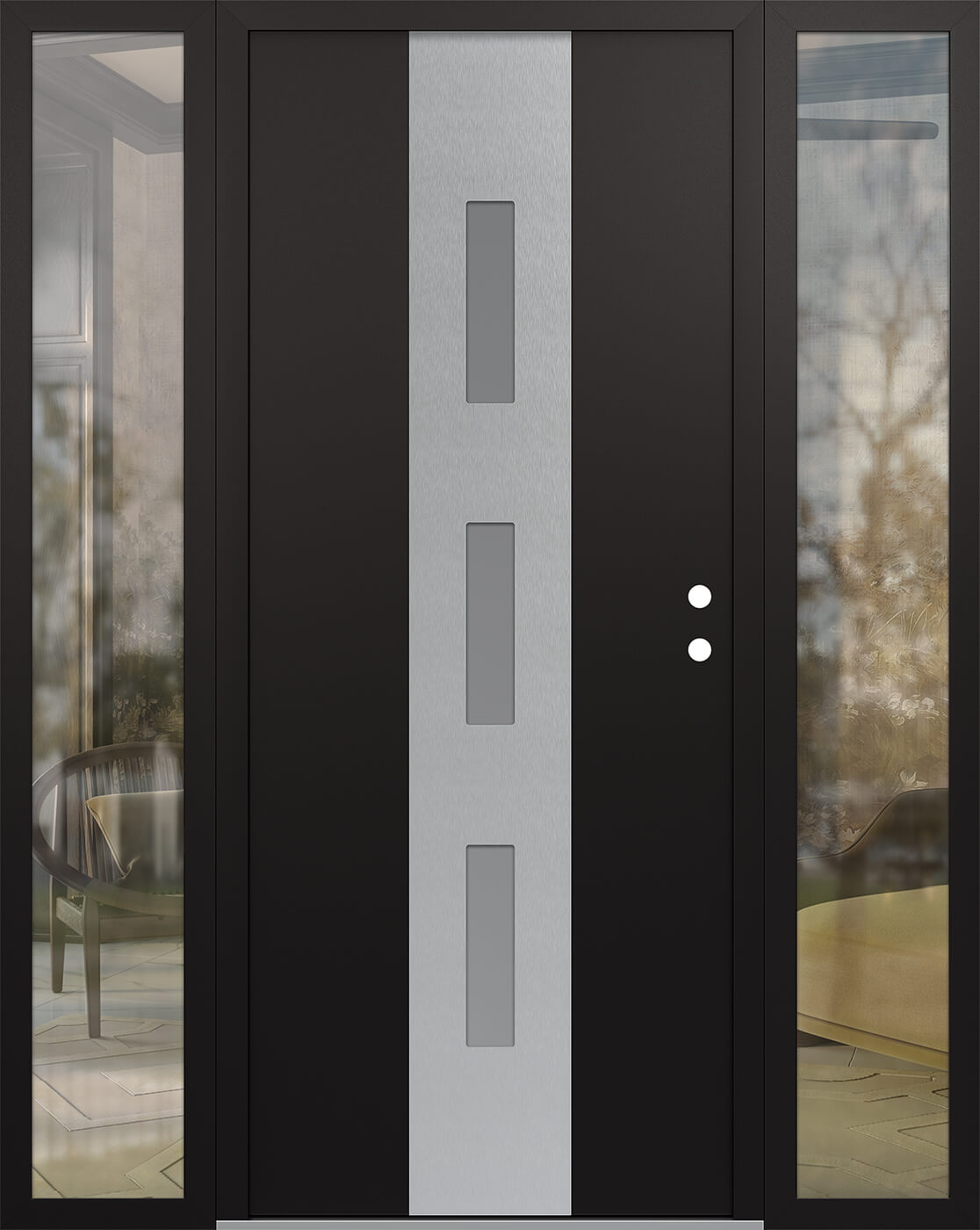 MODERN STEEL FRONT DOOR DIAMOND A7 68" X 80" BLACK/WHITE FROSTED GLASS PANEL STAINLESS STEEL LHI WITH 2 SIDELITES FROSTED GLASS