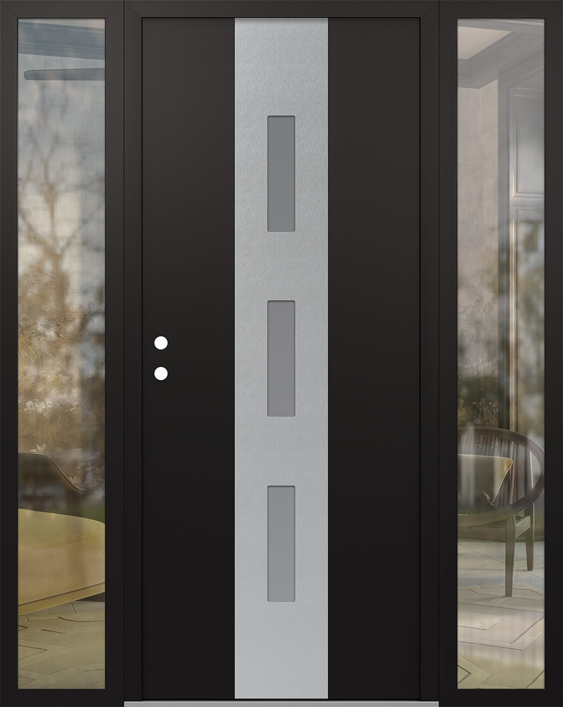 MODERN STEEL FRONT DOOR DIAMOND A7 68" X 80" BLACK/WHITE FROSTED GLASS PANEL STAINLESS STEEL RHI WITH 2 SIDELITES FROSTED GLASS
