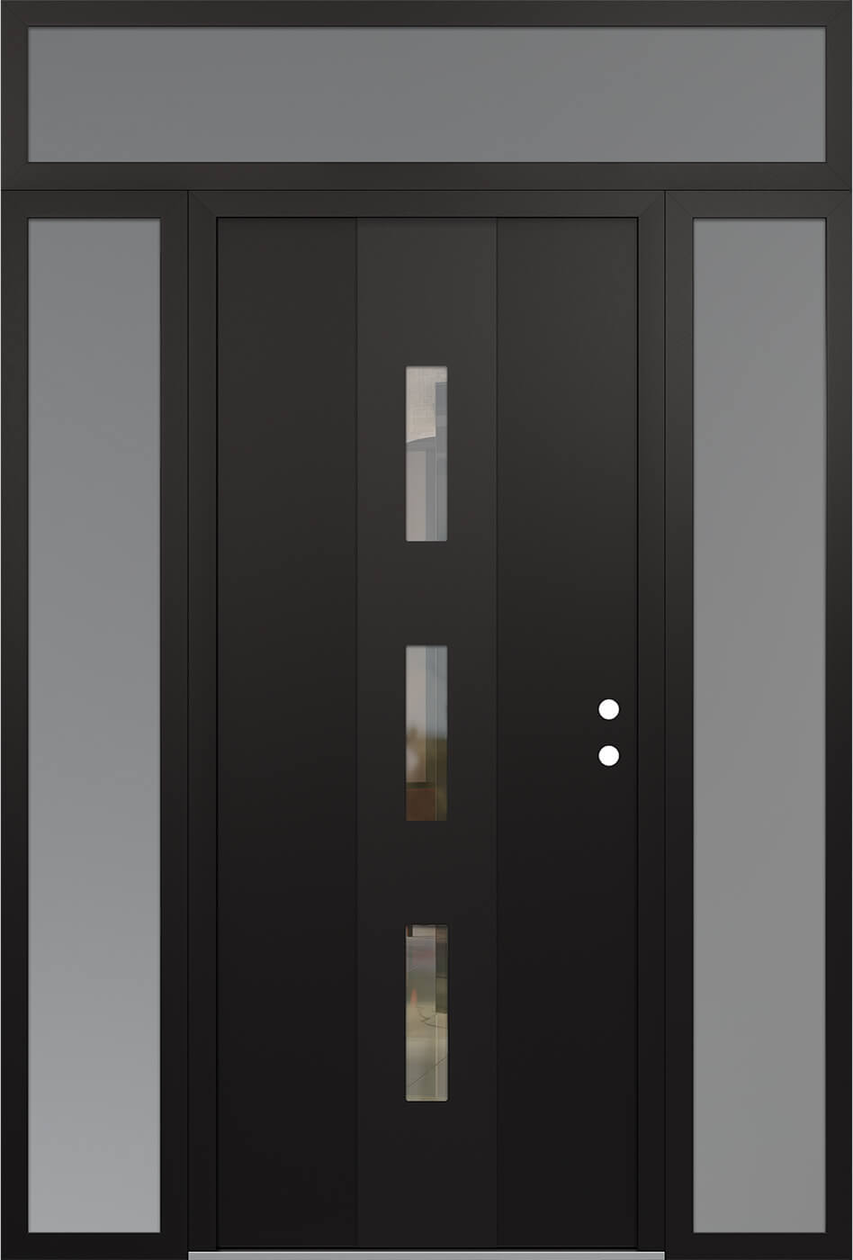 Modern Steel Front Door DIAMOND A7 68" X 96" BLACK/BLACK CLEAR GLASS PANEL BLACK LHI WITH 2 SIDELITES AND TRANSOM MIRRORED GLASS