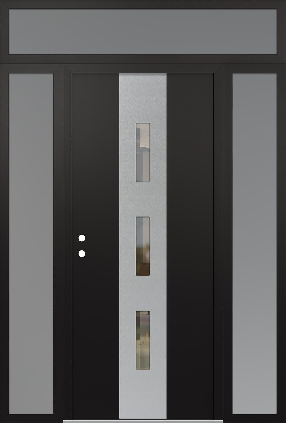 MODERN STEEL FRONT DOOR DIAMOND A7 68" X 96" BLACK/BLACK CLEAR GLASS PANEL STAINLESS STEEL RHI WITH 2 SIDELITES AND TRANSOM MIRRORED GLASS