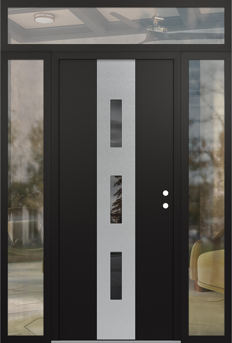 MODERN STEEL FRONT DOOR DIAMOND A7 68" X 96" BLACK/BLACK MIRRORED GLASS PANEL STAINLESS STEEL LHI WITH 2 SIDELITES AND TRANSOM MIRRORED GLASS