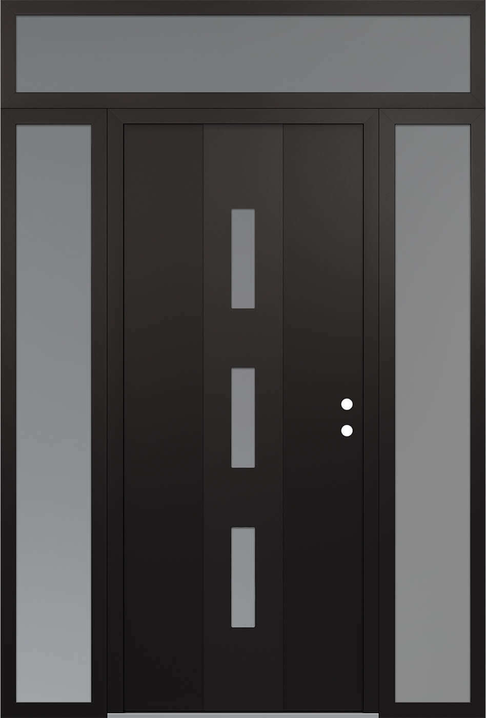 MODERN STEEL FRONT DOOR DIAMOND A7 68" X 96" BLACK/WHITE FROSTED GLASS PANEL BLACK LHI WITH 2 SIDELITES AND TRANSOM CLEAR GLASS