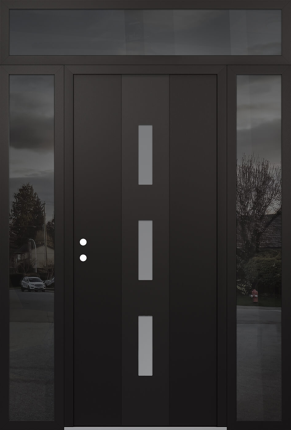 MODERN STEEL FRONT DOOR DIAMOND A7 68" X 96" BLACK/WHITE FROSTED GLASS PANEL BLACK RHI WITH 2 SIDELITES AND TRANSOM CLEAR GLASS