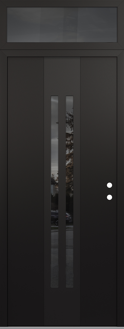 Modern Steel Front Door DIAMOND A8 36" X 96" BLACK/BLACK MIRRORED GLASS PANEL BLACK LHI WITH TRANSOM MIRRORED GLASS
