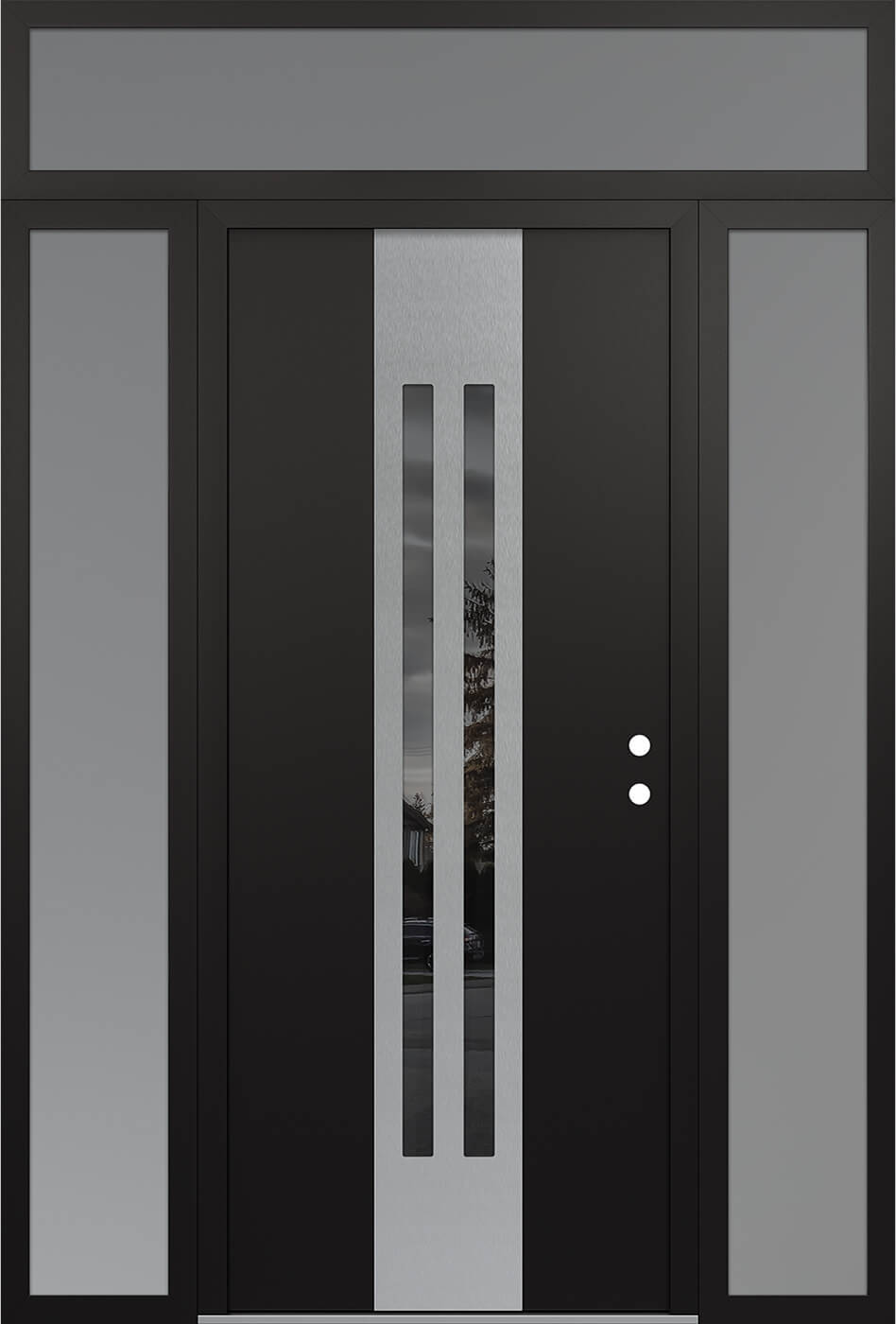 Modern Steel Front Door DIAMOND A8 60" X 96" BLACK/BLACK MIRRORED GLASS PANEL STAINLESS STEEL LHI WITH 2 SIDELITES AND TRANSOM FROSTED GLASS