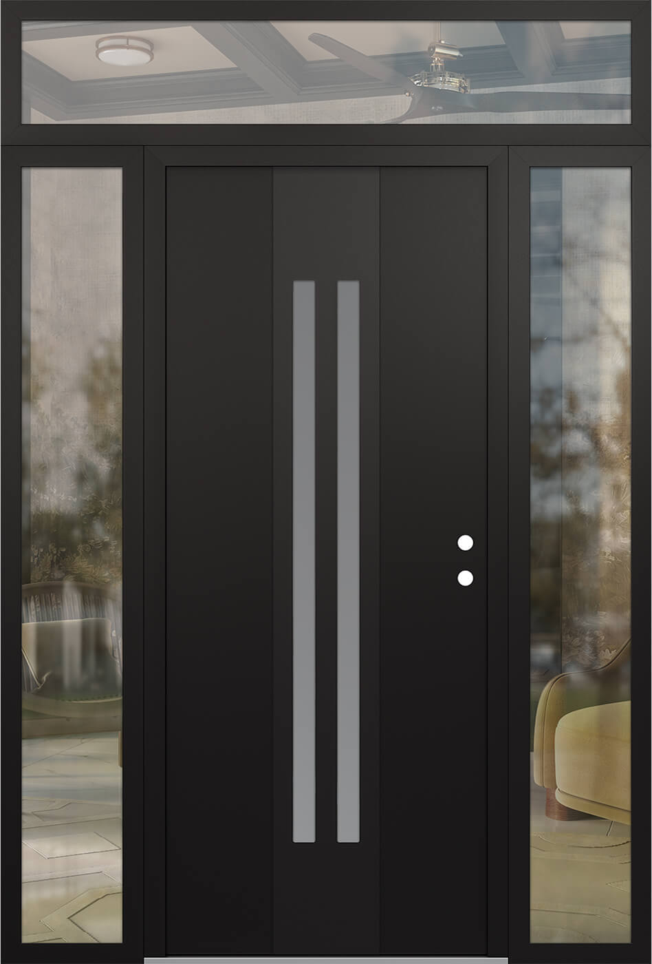 Modern Steel Front Door DIAMOND A8 60" X 96" BLACK/WHITE FROSTED GLASS PANEL BLACK LHI WITH 2 SIDELITES AND TRANSOM CLEAR GLASS