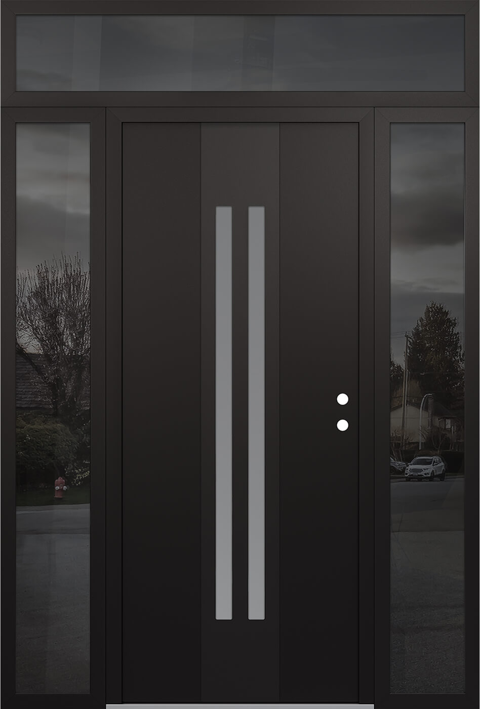 Modern Steel Front Door DIAMOND A8 60" X 96" BLACK/WHITE FROSTED GLASS PANEL BLACK LHI WITH 2 SIDELITES AND TRANSOM MIRRORED GLASS