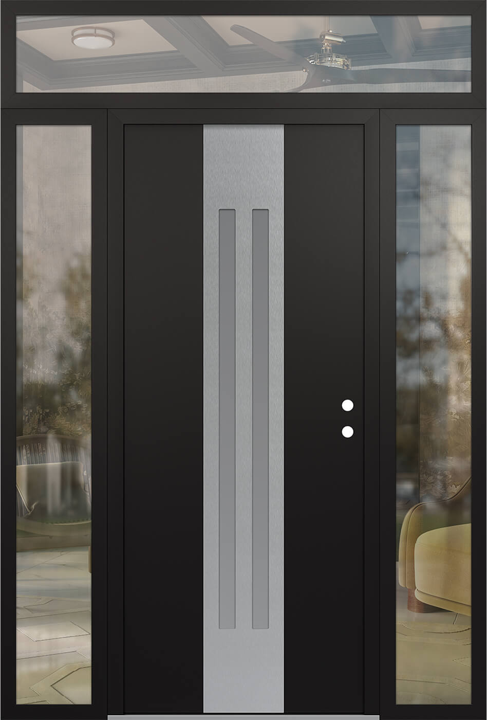 Modern Steel Front Door DIAMOND A8 60" X 96" BLACK/WHITE FROSTED GLASS PANEL STAINLESS STEEL LHI WITH 2 SIDELITES AND TRANSOM CLEAR GLASS