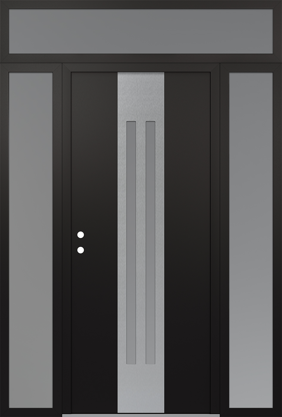 Modern Steel Front Door DIAMOND A8 60" X 96" BLACK/WHITE FROSTED GLASS PANEL STAINLESS STEEL RHI WITH 2 SIDELITES AND TRANSOM FROSTED GLASS